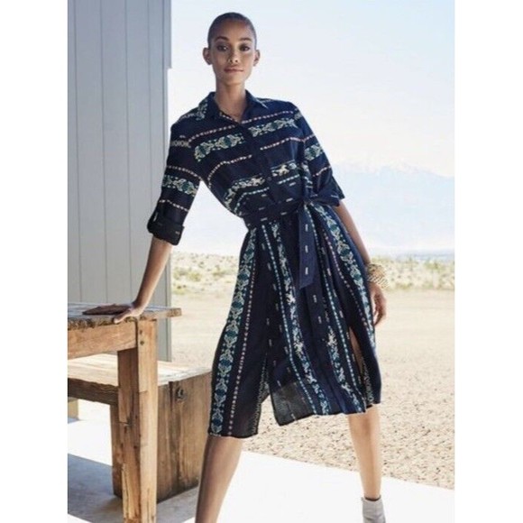 Finley Dresses & Skirts - Finley Jeanette Taos in Navy Blue Western Horse Embroidered Shirt Dress XS